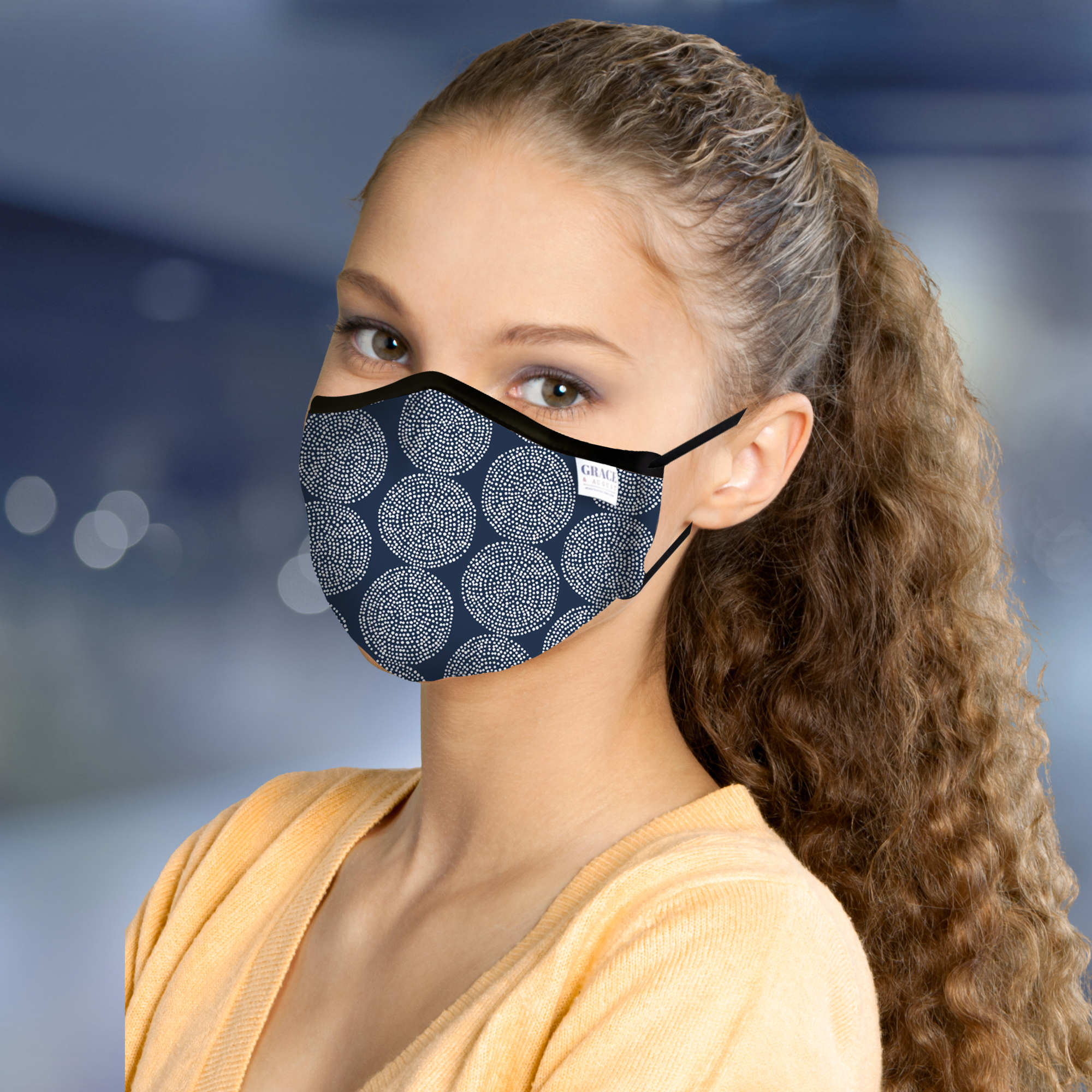 Reusable Fabric  Face Mask - with nose wire, Filter Pocket and two 2.5 Filters - Blue Dot