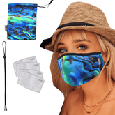 Face Mask with filter pocket, 4 filters, matching bag, and lanyard | 3 Layer Reusable Face Mask - NZ Paua Shell Face masks