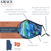 Face Mask with filter pocket, 4 filters, matching bag, and lanyard | 3 Layer Reusable Face Mask - NZ Paua Shell Face masks