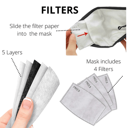 Face Mask with filter pocket, 4 filters, matching bag, and lanyard | 3 Layer Reusable Face Mask - NZ Paua Shell Face masks