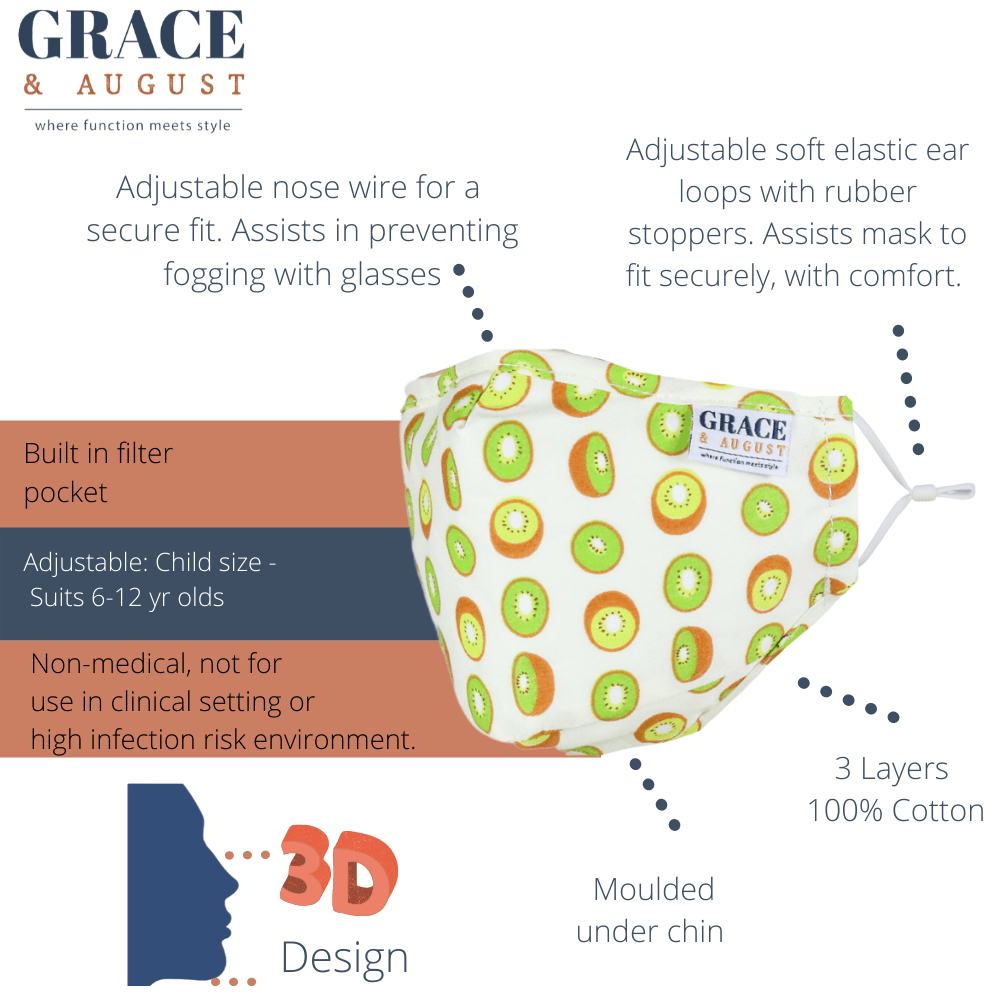 Premium  Child Face Mask Set - 3 Layer 100% Cotton Reusable Face Mask  - Kiwifruit Child Face masks