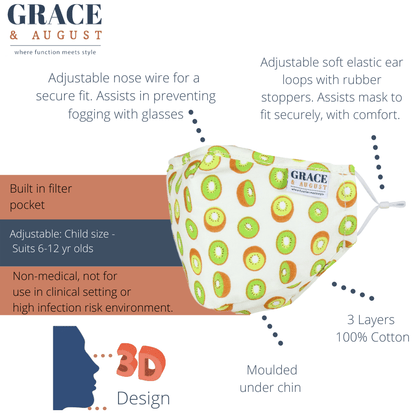 Premium  Child Face Mask Set - 3 Layer 100% Cotton Reusable Face Mask  - Kiwifruit Child Face masks