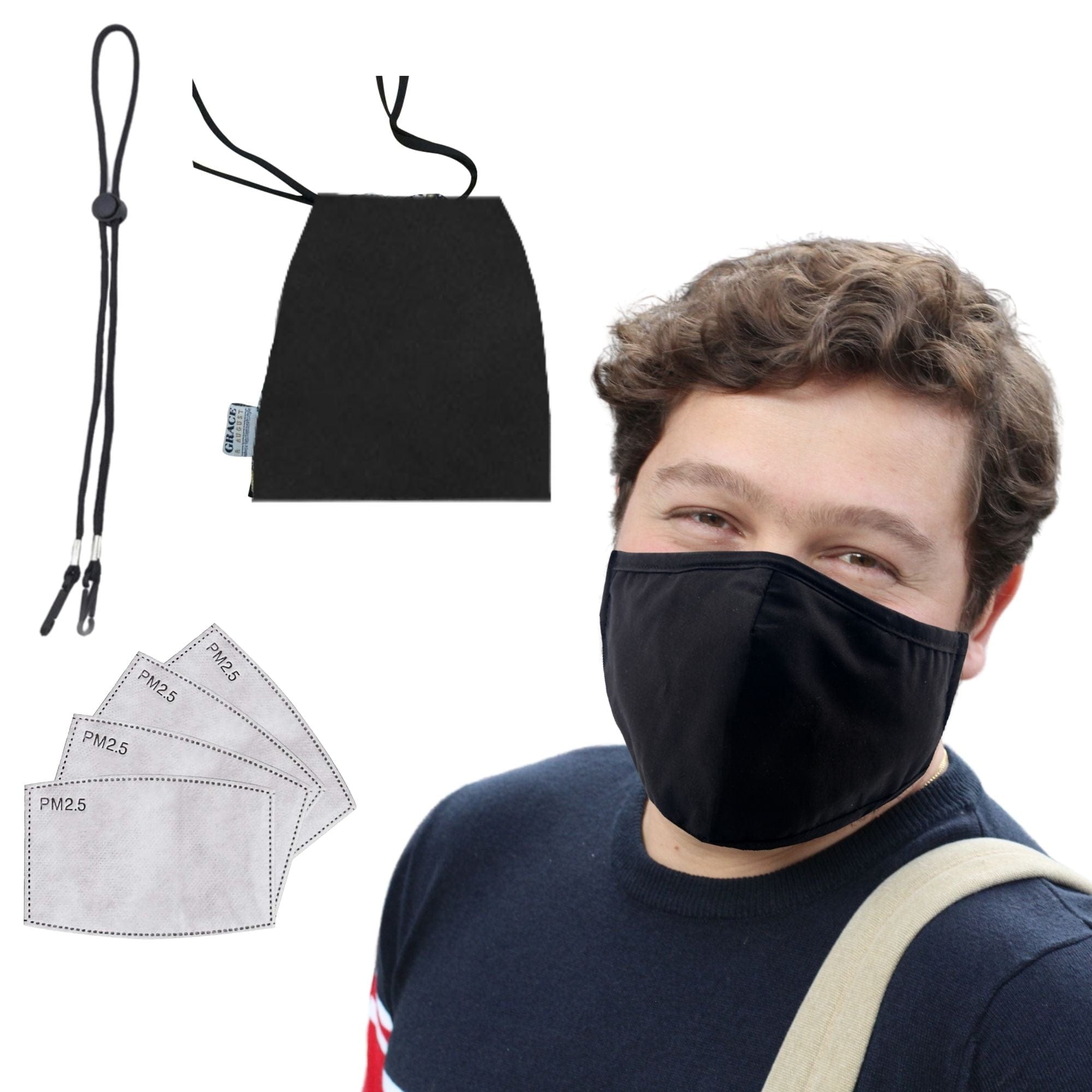 Premium Face Mask Set - 3 Layer 100% Cotton Reusable Face Mask -Black Large Size Face masks