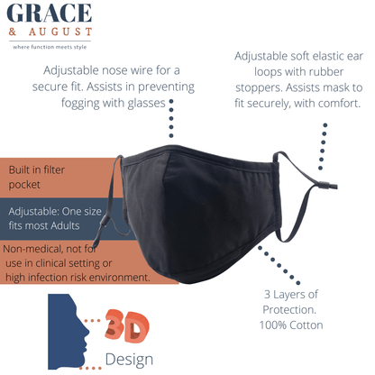 Premium Face Mask Set - 3 Layer 100% Cotton Reusable - Matching bag, lanyard, 4xPM2.5 filters - Black Face masks