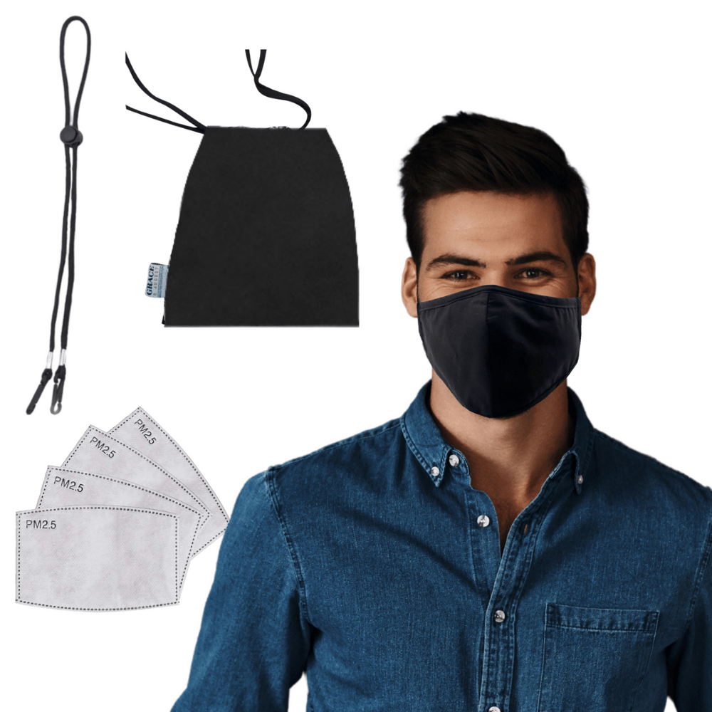 Premium Face Mask Set - 3 Layer 100% Cotton Reusable - Matching bag, lanyard, 4xPM2.5 filters - Black Face masks