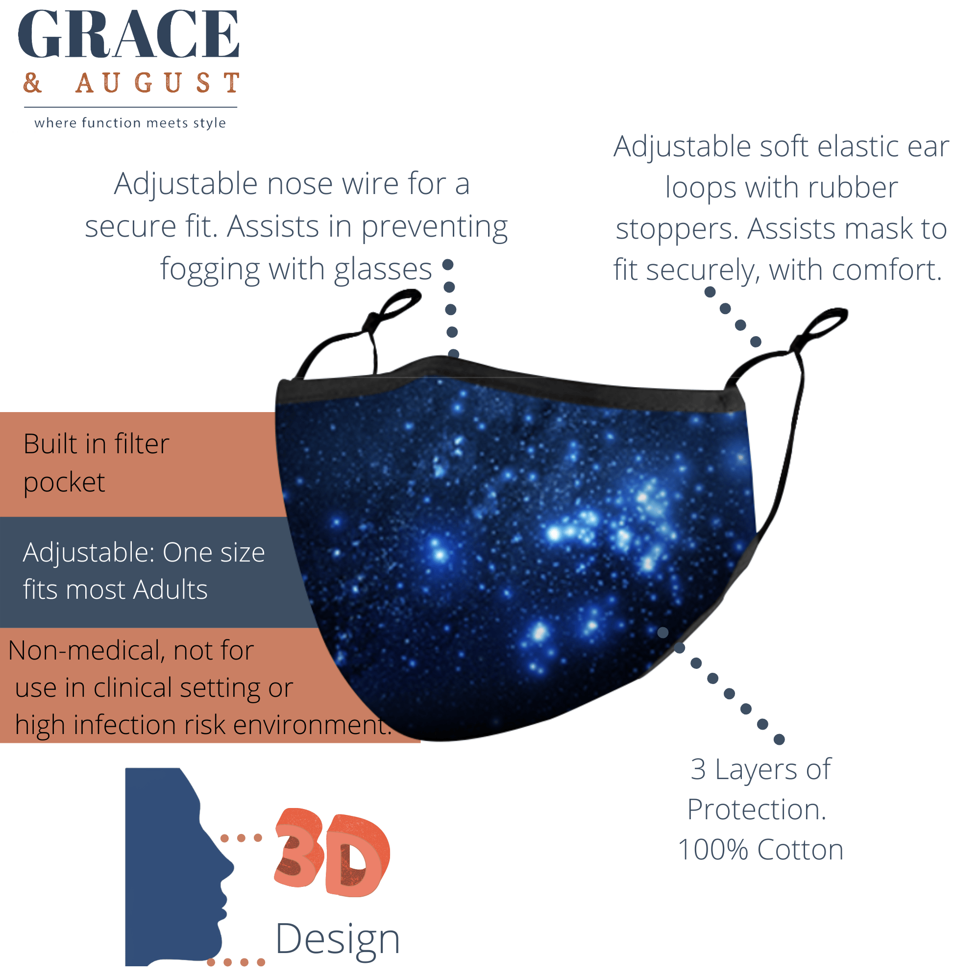 Premium Face Mask Set - 3 Layer Reusable -Galaxy Large Size Face masks