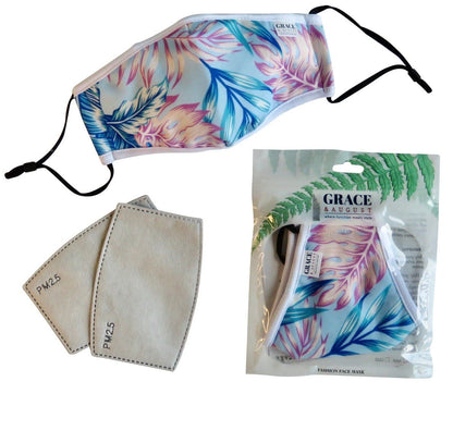 Reusable Fabric  Face Mask - with nose wire, Filter Pocket and two 2.5 Filters Tropical Leaves Face masks