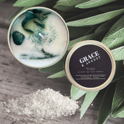 Sea Salt &amp; Sage Botanical Soy Candle – Gold Tin with Crystals Candles