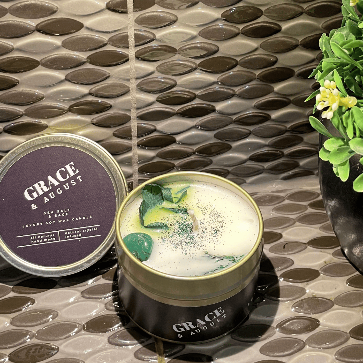 Sea Salt &amp; Sage Botanical Soy Candle – Gold Tin with Crystals Candles