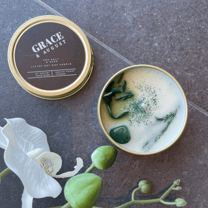 Sea Salt &amp; Sage Botanical Soy Candle – Gold Tin with Crystals Candles