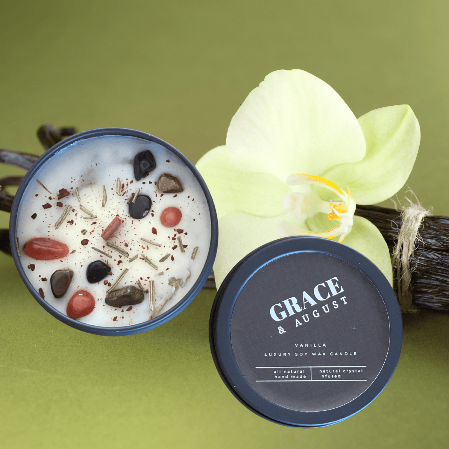 Vanilla Botanical Soy Candle – Black Tin with Wood Wick and Crystals - Clearance Candles