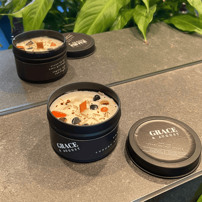 Vanilla Botanical Soy Candle – Black Tin with Wood Wick and Crystals - Clearance Candles